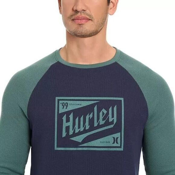 Hurley Logo Graphic Tee Shirt Mens XXL Green Blue Waffle Knit Thermal NEW - Picture 3 of 11
